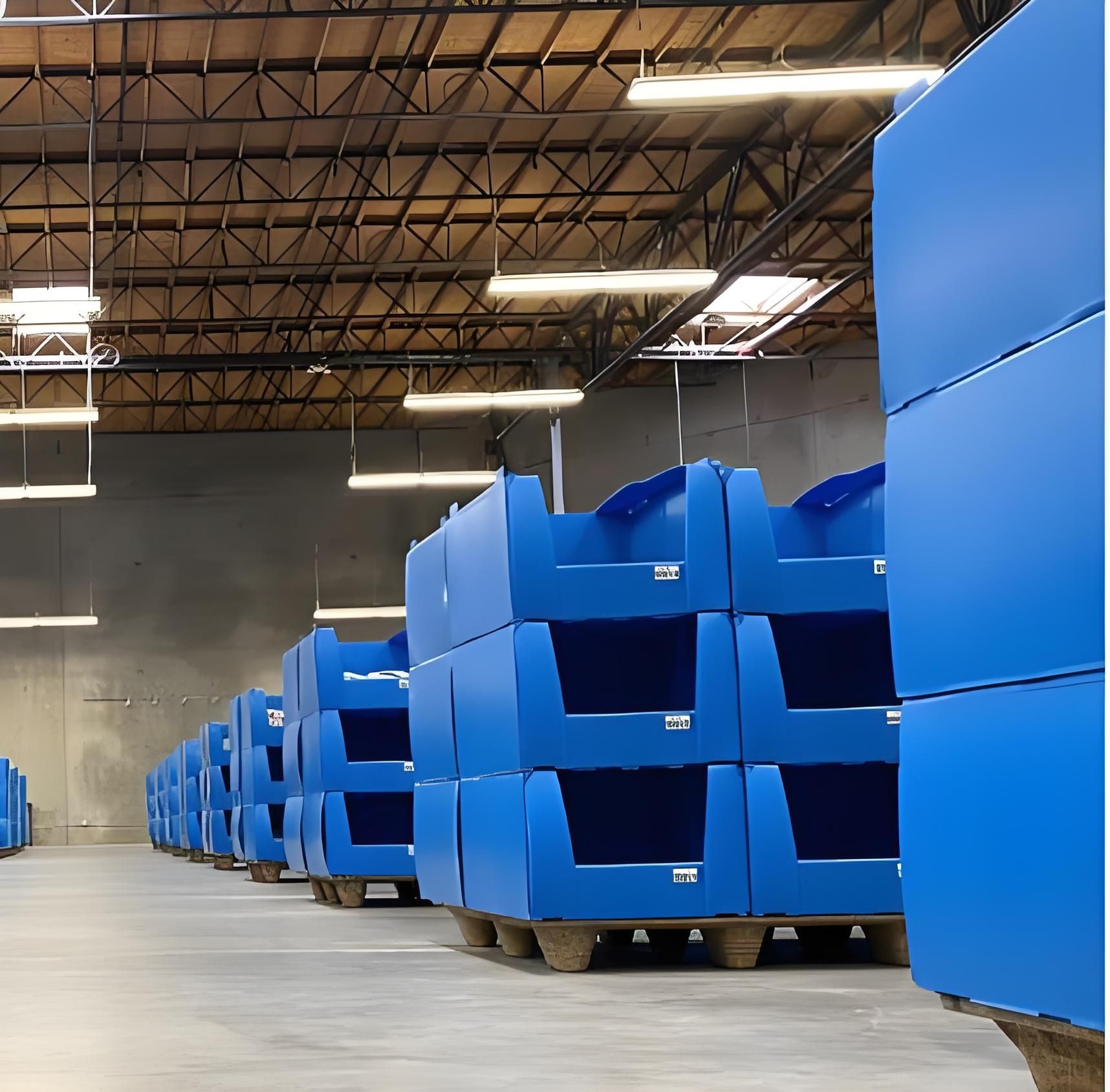 blue stackable bins with corrugated plastic material